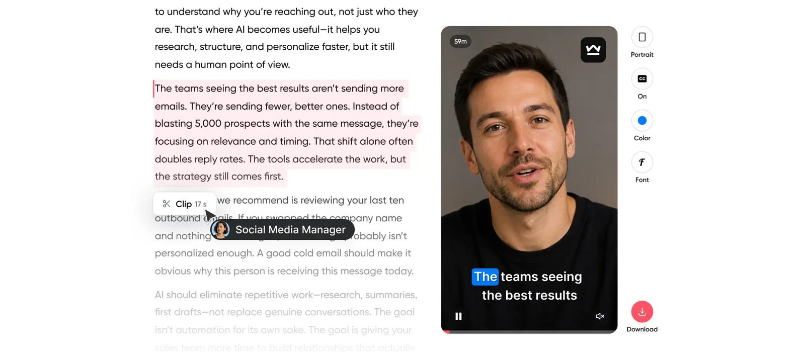 Contrast turning a webinar transcript into a subtitled video clip