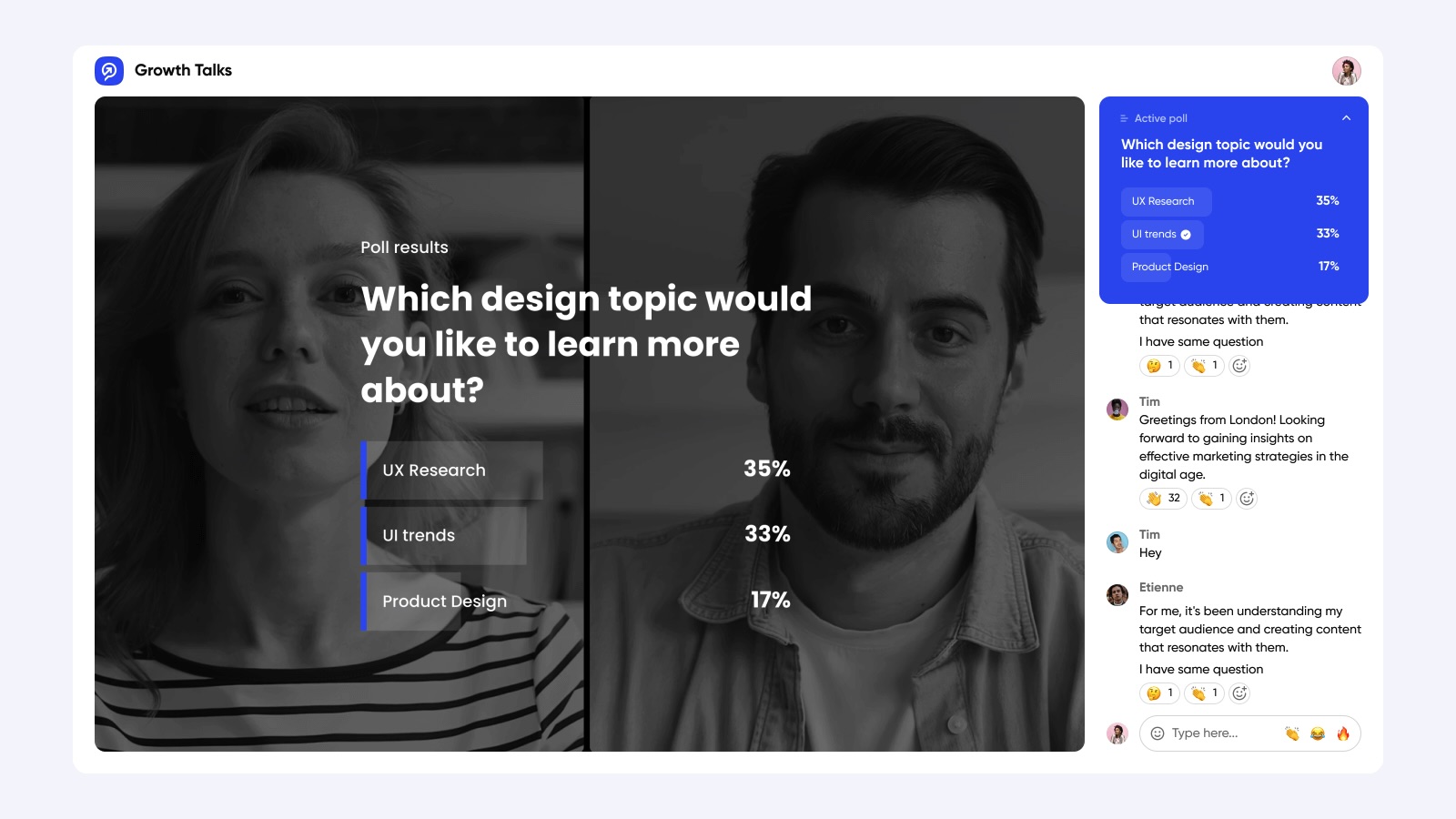 Contrast live poll and audience chat during a webinar