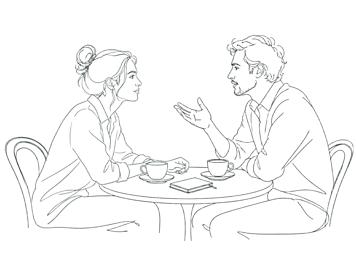 Two people in a focused business conversation